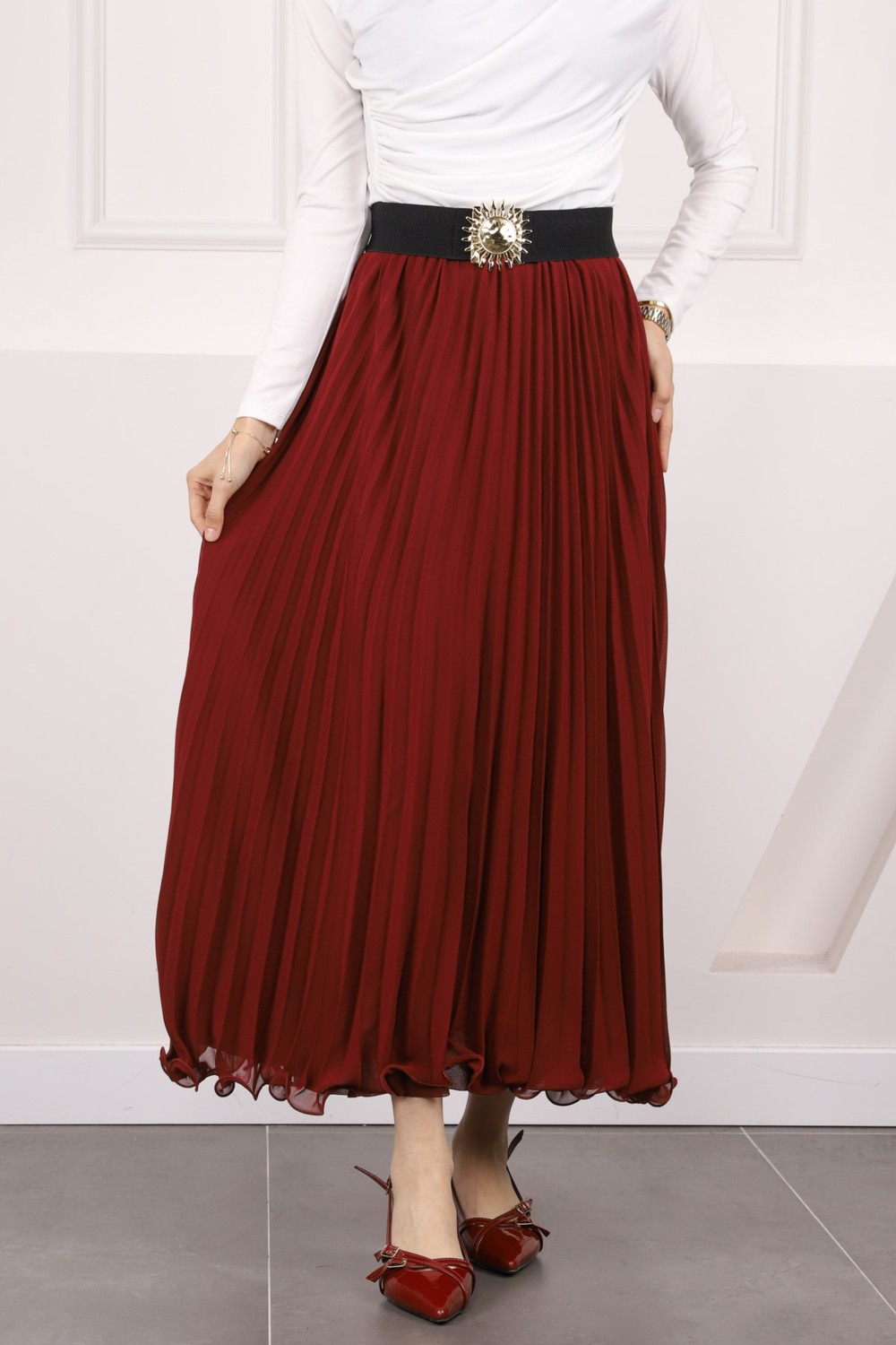 İmaj Butik Bordo Bel Lastikli Piliseli Şifon Etek görsel 8
