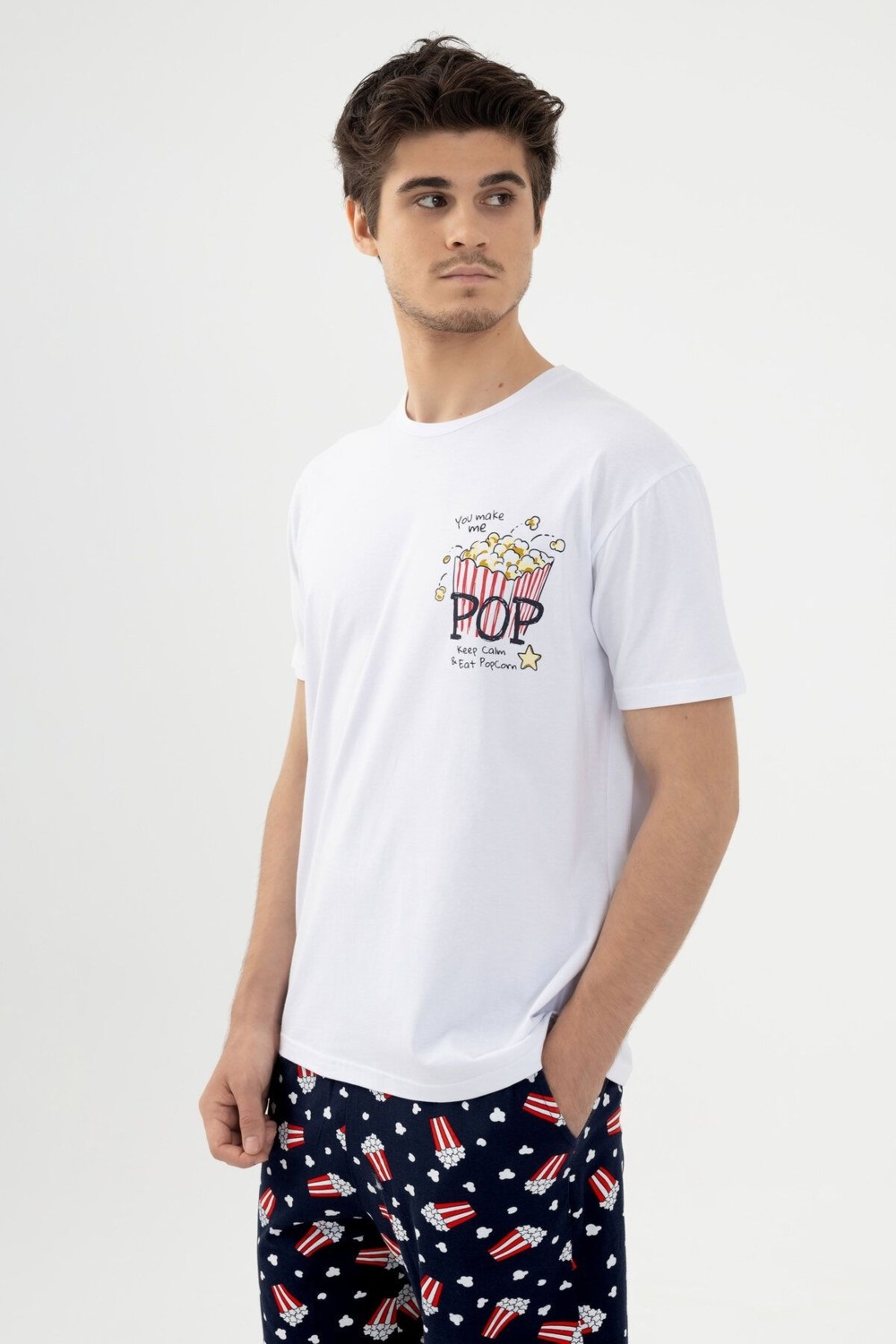 Koza İç Giyim Erkek Pamuklu Popcorn Desenli Kısa Kollu Şortlu Pijama Takımı L Beden Yumuşak Dokulu Rahat Kullanım