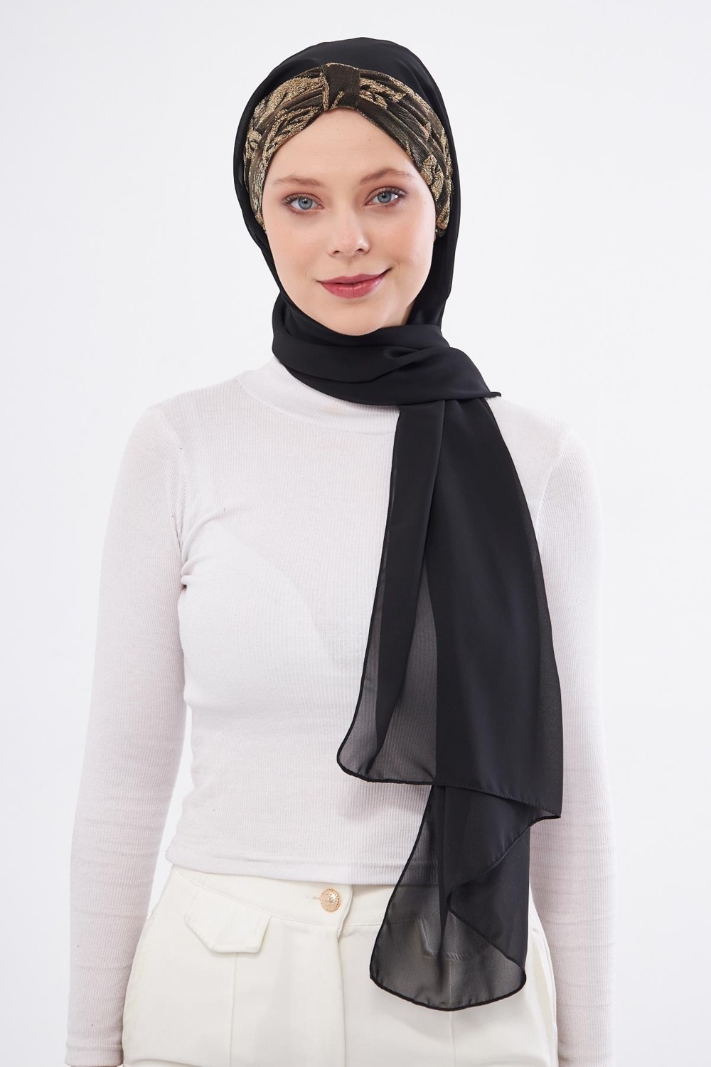Hürrem Bone Gri Simli Arkadan Bağlamalı Şal Şifon Çiçek Desenli 2318_15 görsel 4