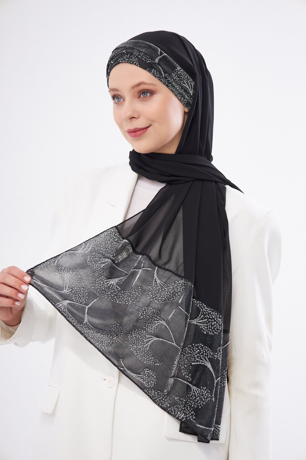 Hürrem Bone Bordo Çapraz Arkadan Bağlamalı Şal Şifon Çiçek Desenli 2330_16 görsel 3