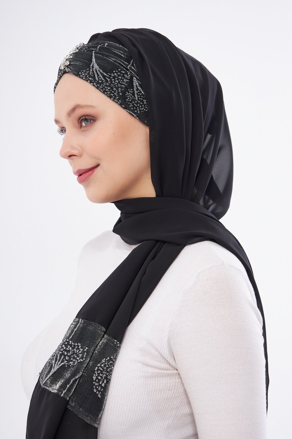 Hürrem Bone Gri Taşlı Arkadan Bağlamalı Şal Şifon Çiçek Desenli 2319_15 görsel 2