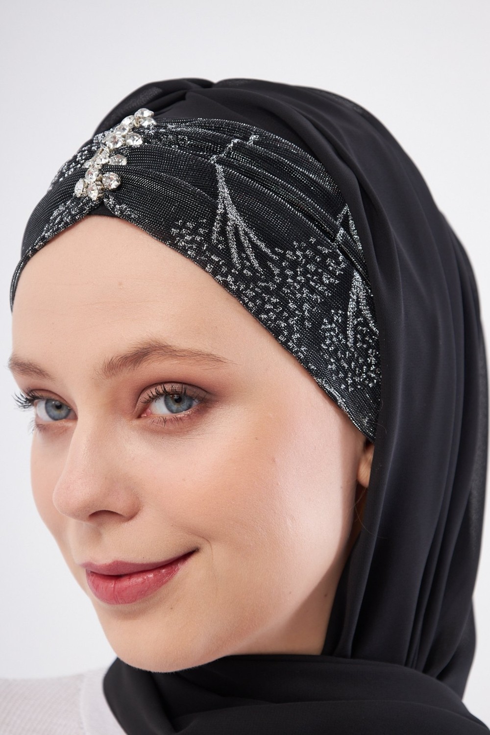 Hürrem Bone Gri Taşlı Arkadan Bağlamalı Şal Şifon Çiçek Desenli 2319_15 görsel 3