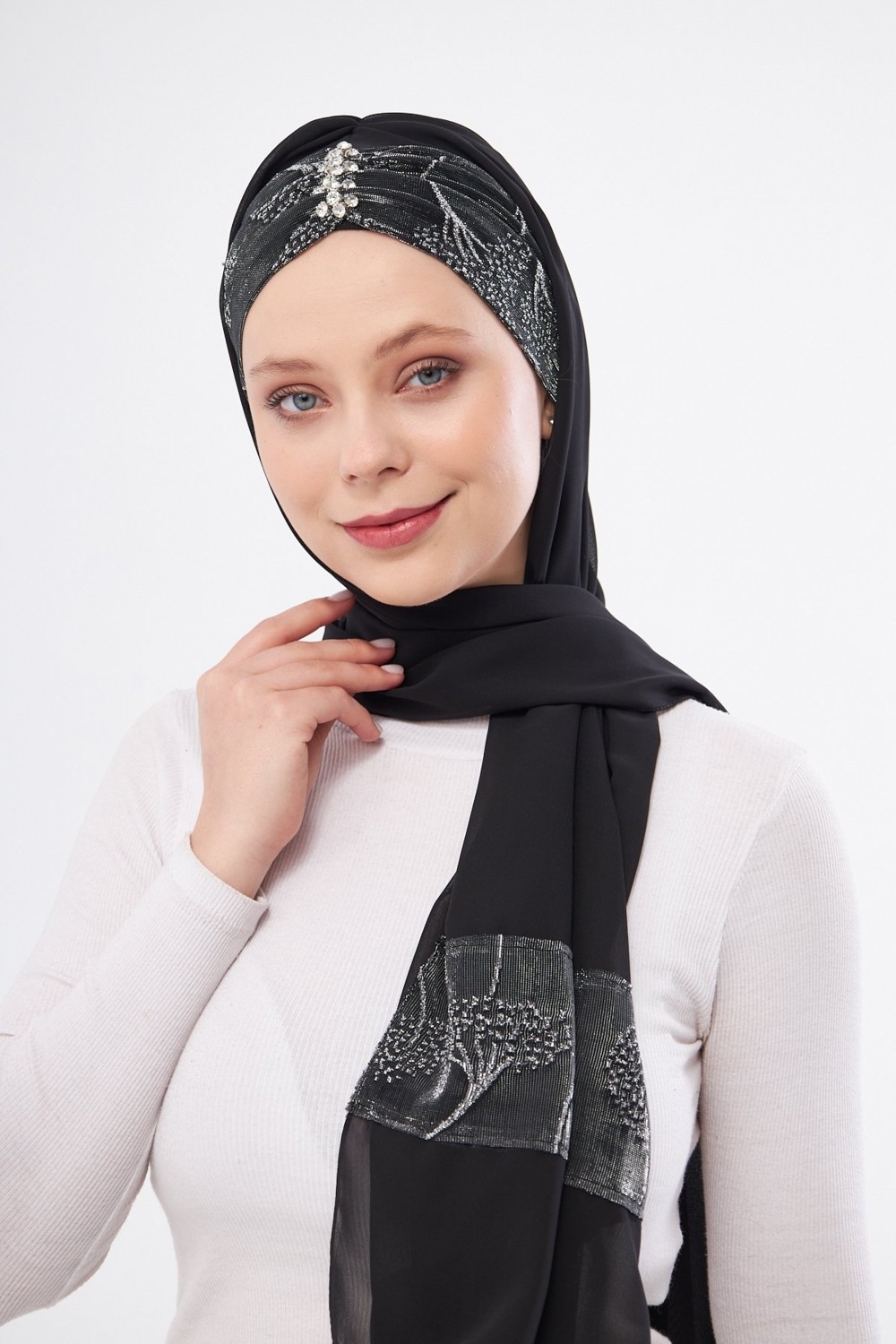 Hürrem Bone Gri Taşlı Arkadan Bağlamalı Şal Şifon Çiçek Desenli 2319_15 görsel 4