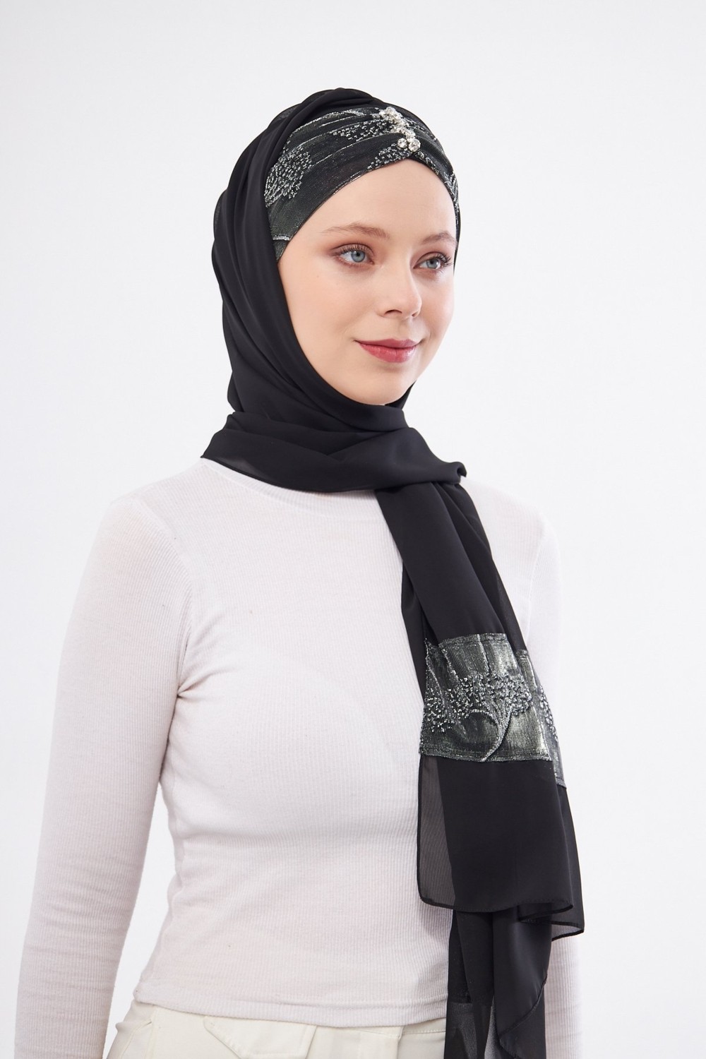 Hürrem Bone Gri Taşlı Arkadan Bağlamalı Şal Şifon Çiçek Desenli 2319_15 görsel 5