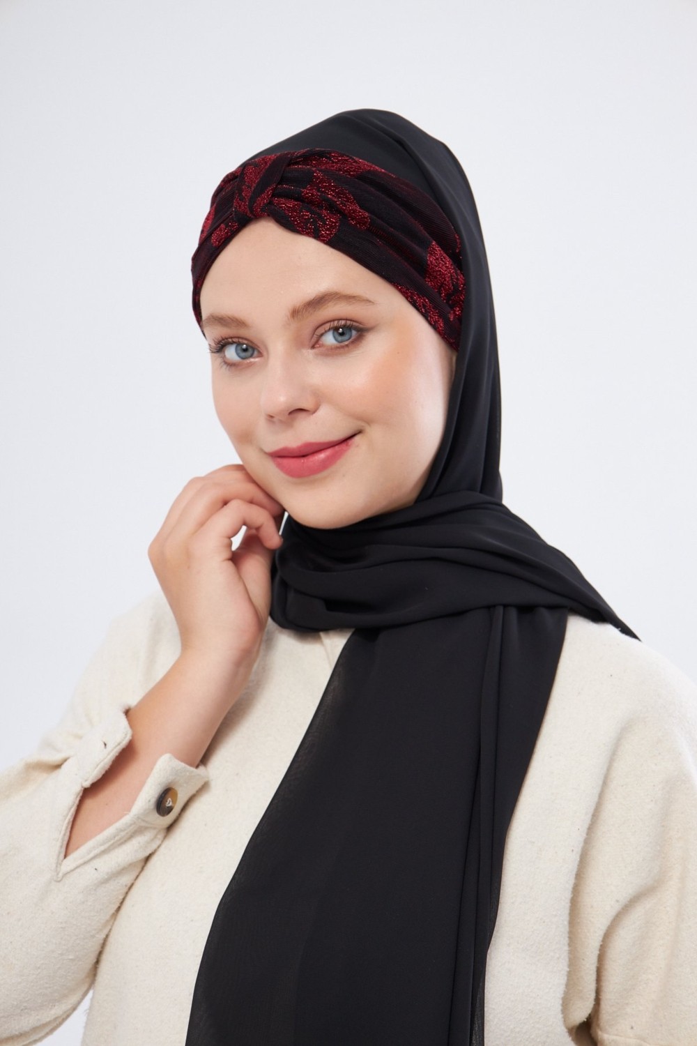 Hürrem Bone Gri Simli Arkadan Bağlamalı Şal Şifon Çiçek Desenli 2318_15 görsel 6