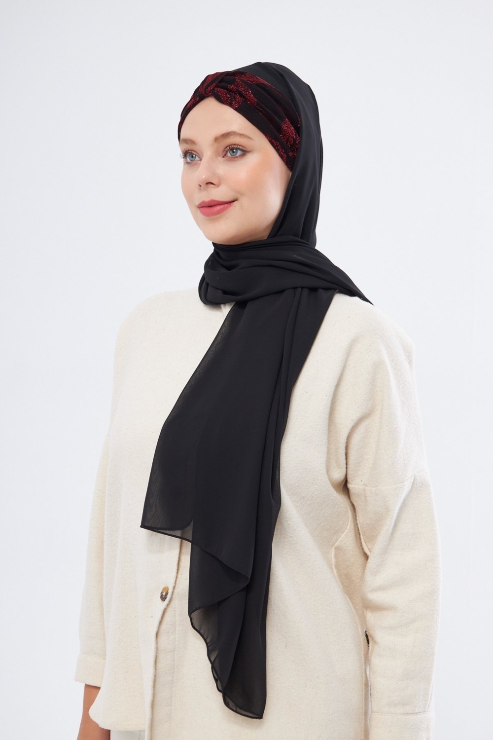 Hürrem Bone Gri Simli Arkadan Bağlamalı Şal Şifon Çiçek Desenli 2318_15 görsel 7