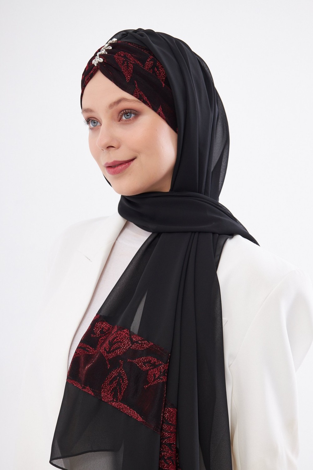 Hürrem Bone Gri Taşlı Arkadan Bağlamalı Şal Şifon Çiçek Desenli 2319_15 görsel 6