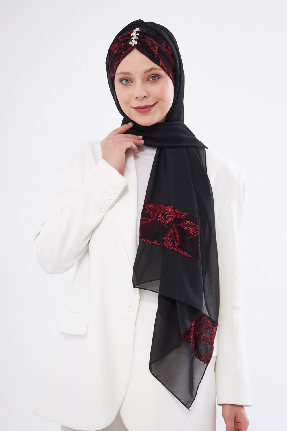 Hürrem Bone Gri Taşlı Arkadan Bağlamalı Şal Şifon Çiçek Desenli 2319_15 görsel 7