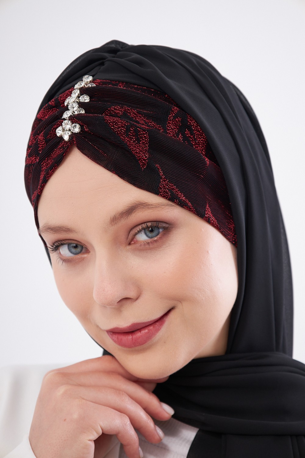 Hürrem Bone Gri Taşlı Arkadan Bağlamalı Şal Şifon Çiçek Desenli 2319_15 görsel 8