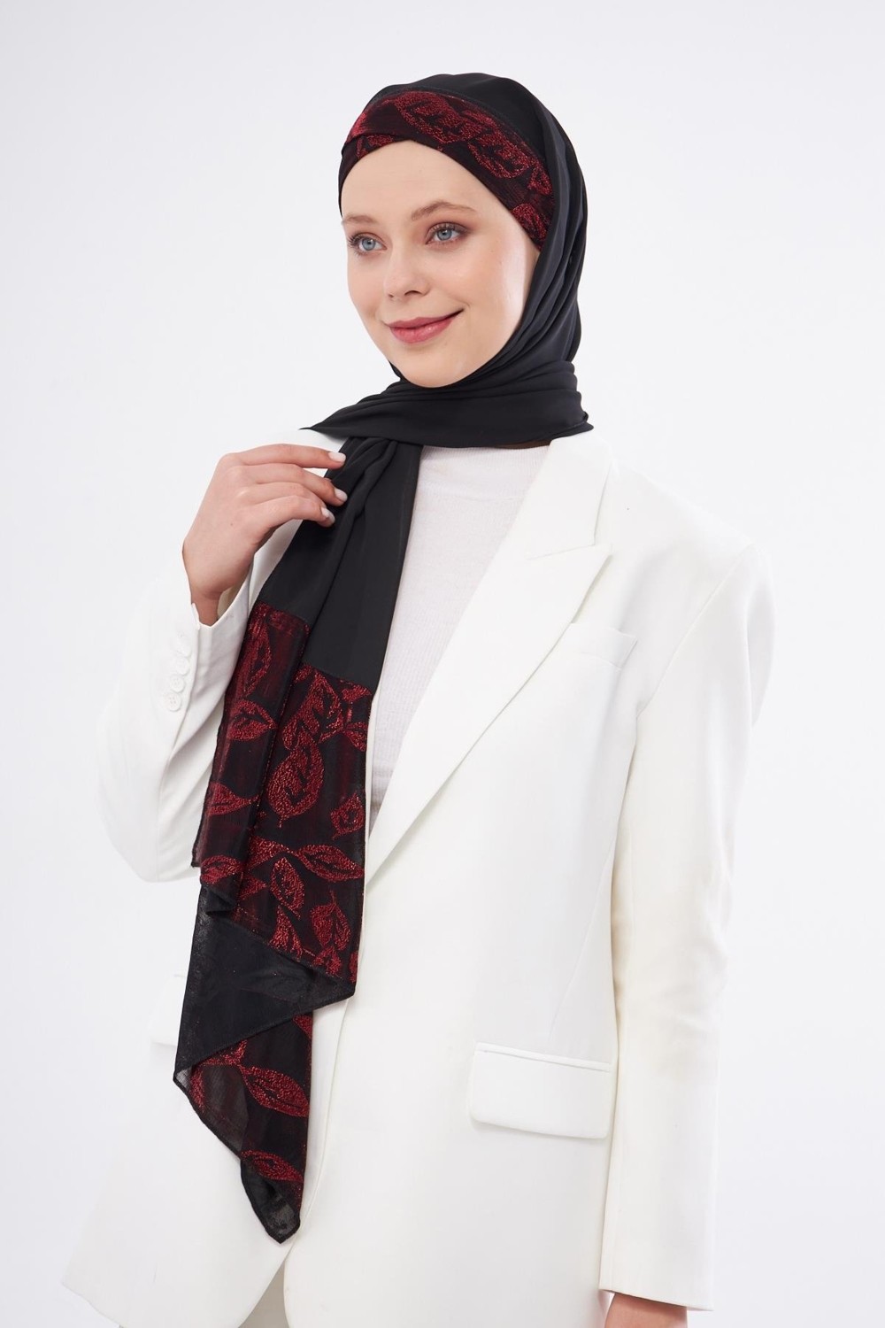 Hürrem Bone Bordo Çapraz Arkadan Bağlamalı Şal Şifon Çiçek Desenli 2330_16 görsel 6