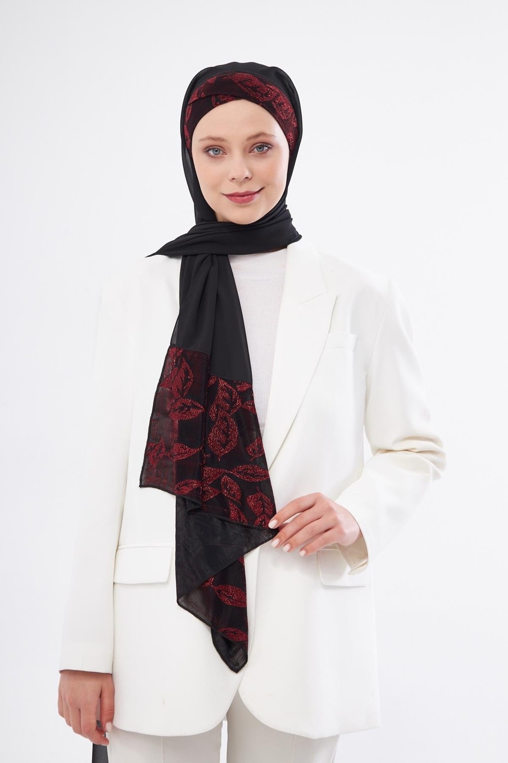 Hürrem Bone Bordo Çapraz Arkadan Bağlamalı Şal Şifon Çiçek Desenli 2330_16 görsel 7