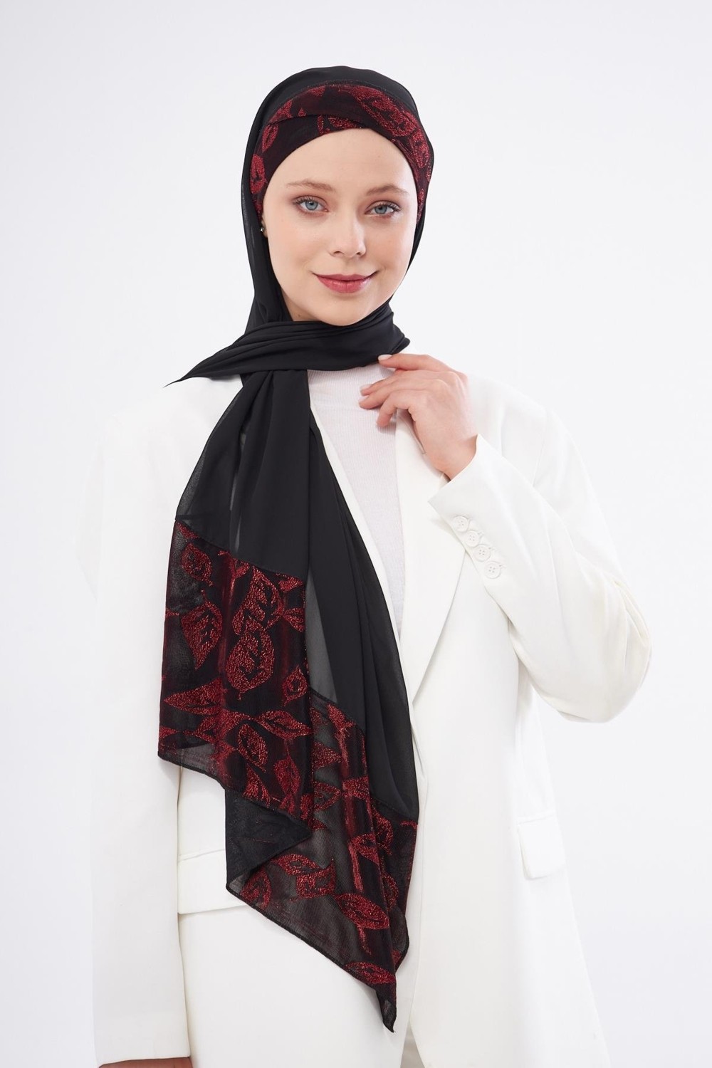 Hürrem Bone Bordo Çapraz Arkadan Bağlamalı Şal Şifon Çiçek Desenli 2330_16 görsel 8