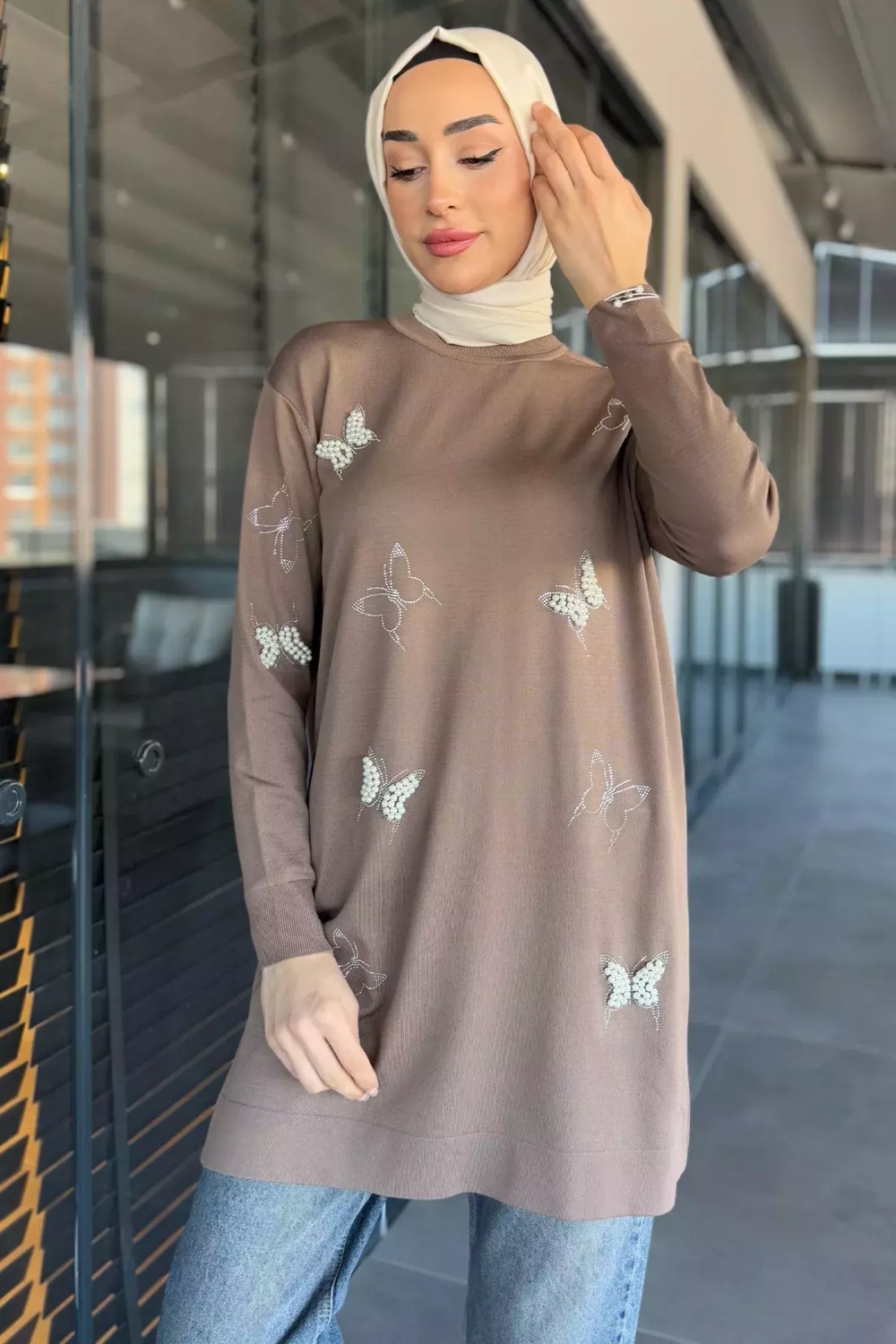 Julude Kelebek Taşlı Bisiklet Yaka Tesettür Tunik P-00015449