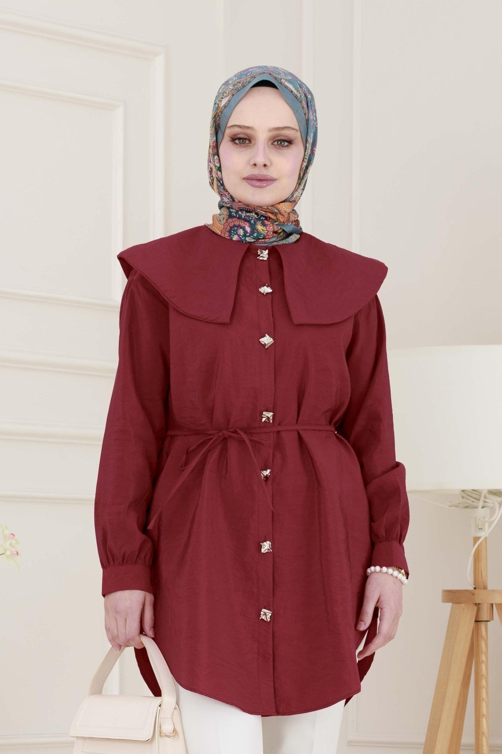 Sevitli Beli Bağcık Detaylı Geniş Yaka Tunik-Pembe görsel 4