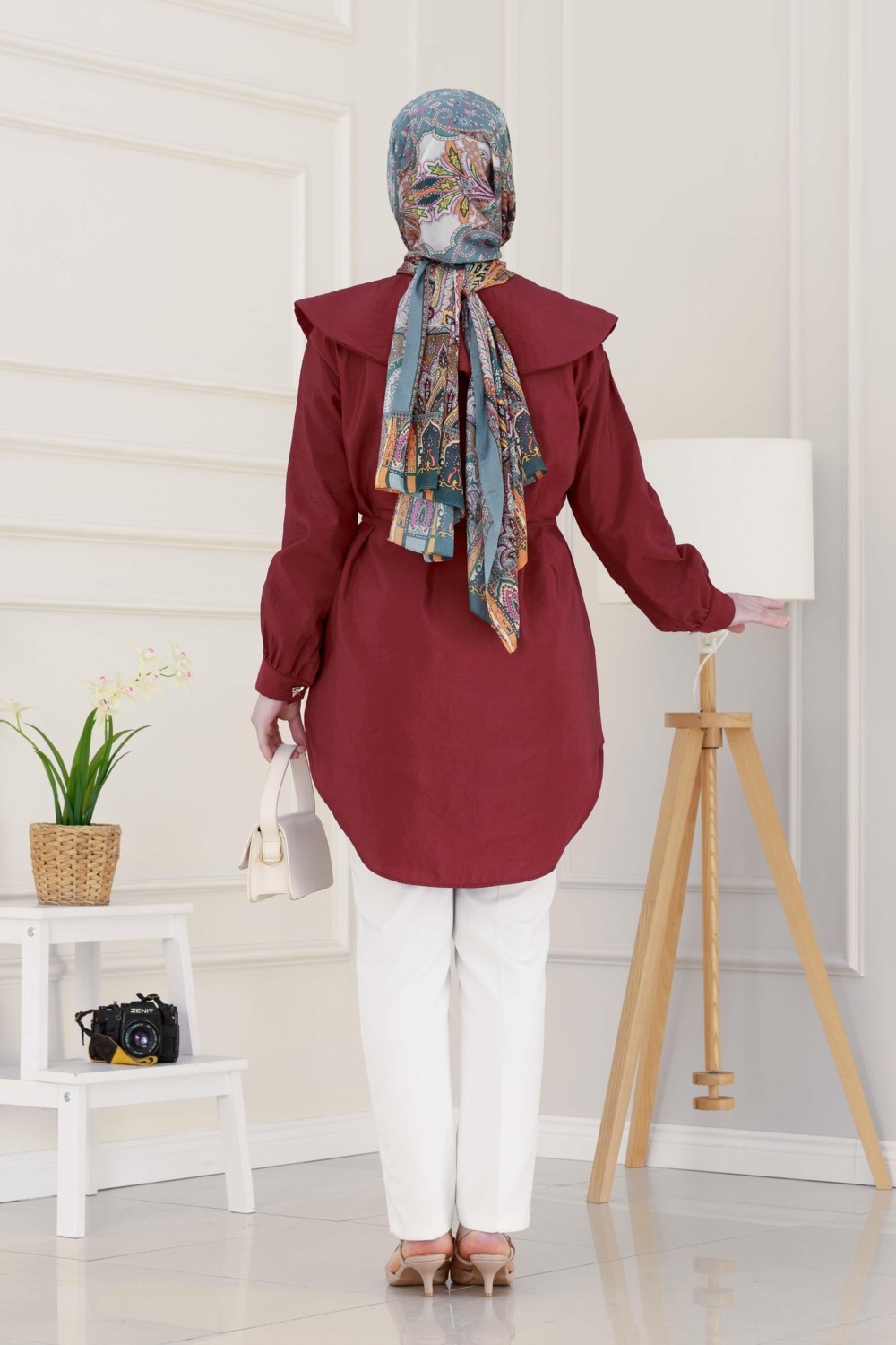 Sevitli Beli Bağcık Detaylı Geniş Yaka Tunik-Pembe görsel 5
