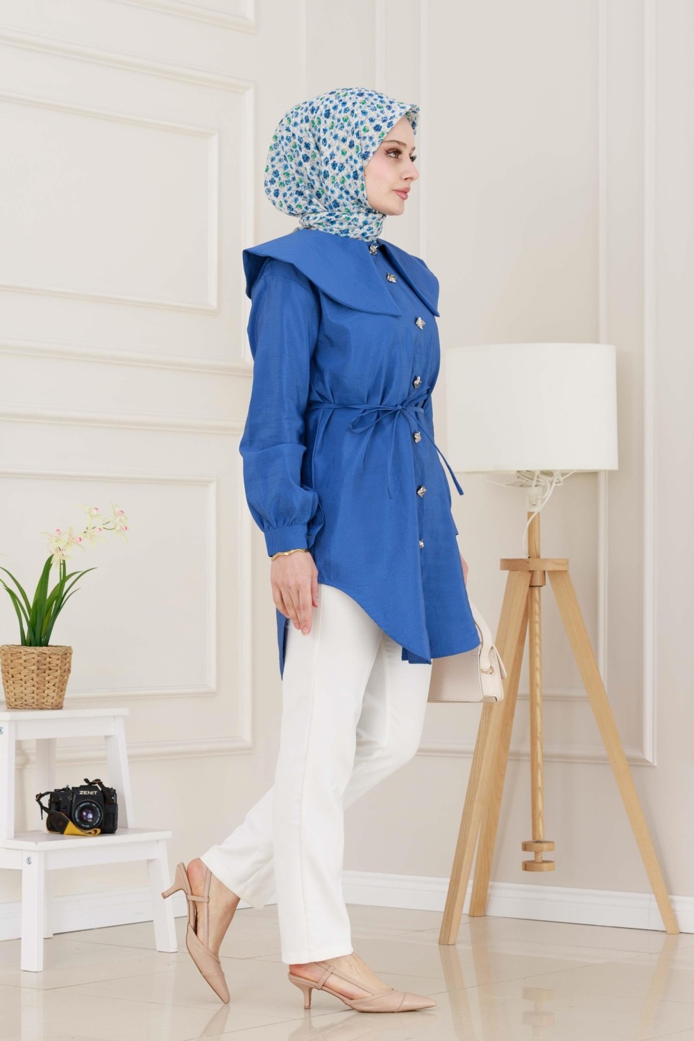 Sevitli Beli Bağcık Detaylı Geniş Yaka Tunik-Pembe görsel 8