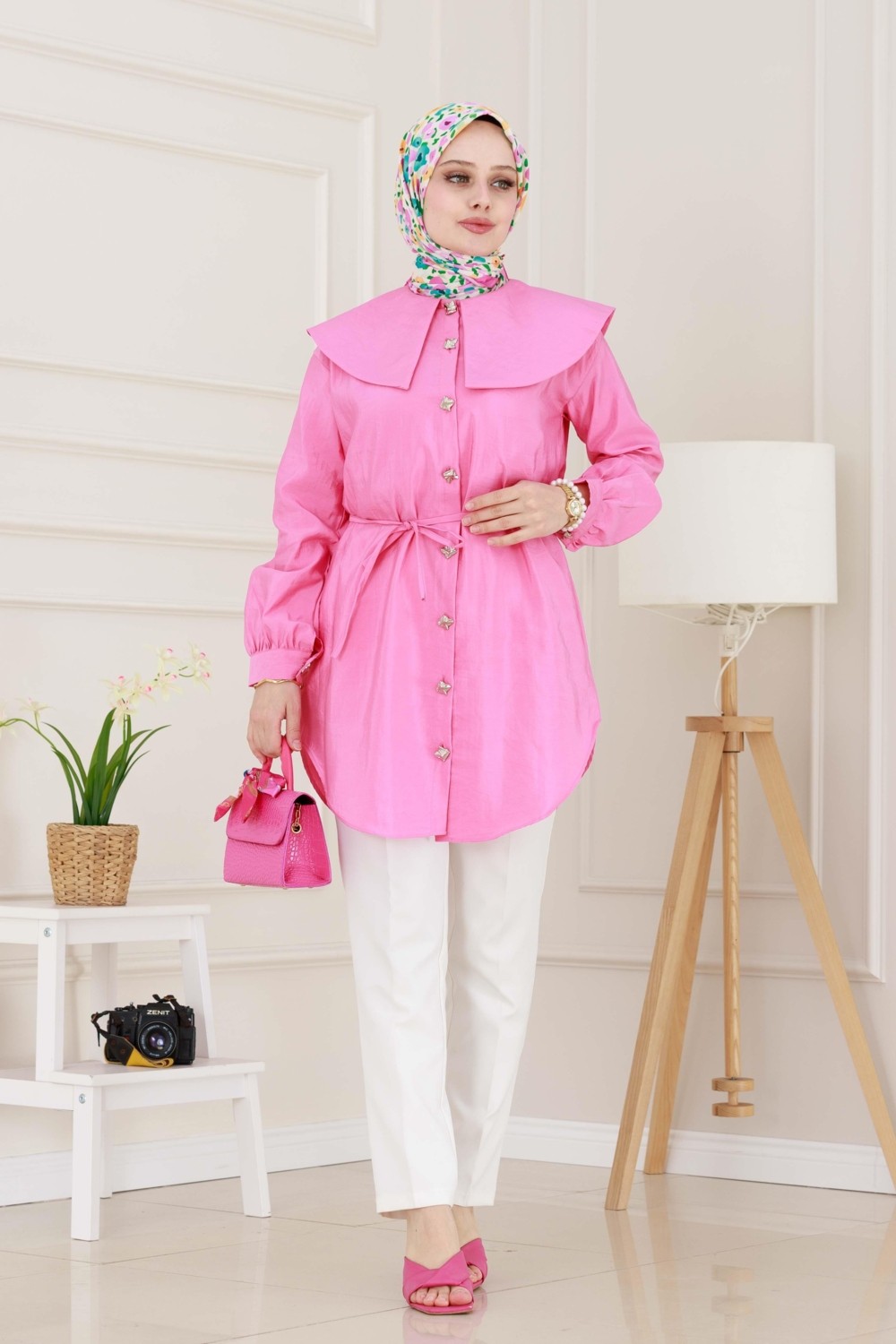 Sevitli Beli Bağcık Detaylı Geniş Yaka Tunik-Pembe