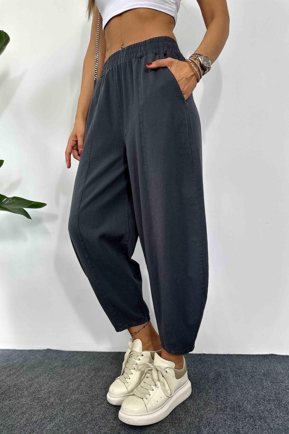 Nana & Mayka Moda Die&More Kadın Haki Şalvar Pantolon Salaş Dört Mevsim Rahat Pamuk Lastikli Bel Günlük Model Gabardin