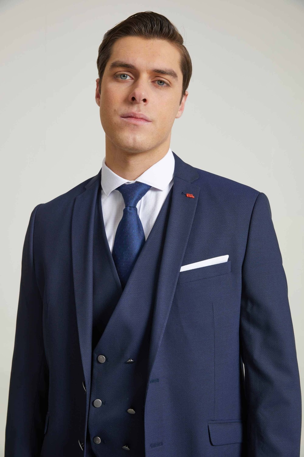 TWN Slim Fit Lacivert Armürlü Mono Yaka Viskonlu Takim Elbise Yelekli görsel 2
