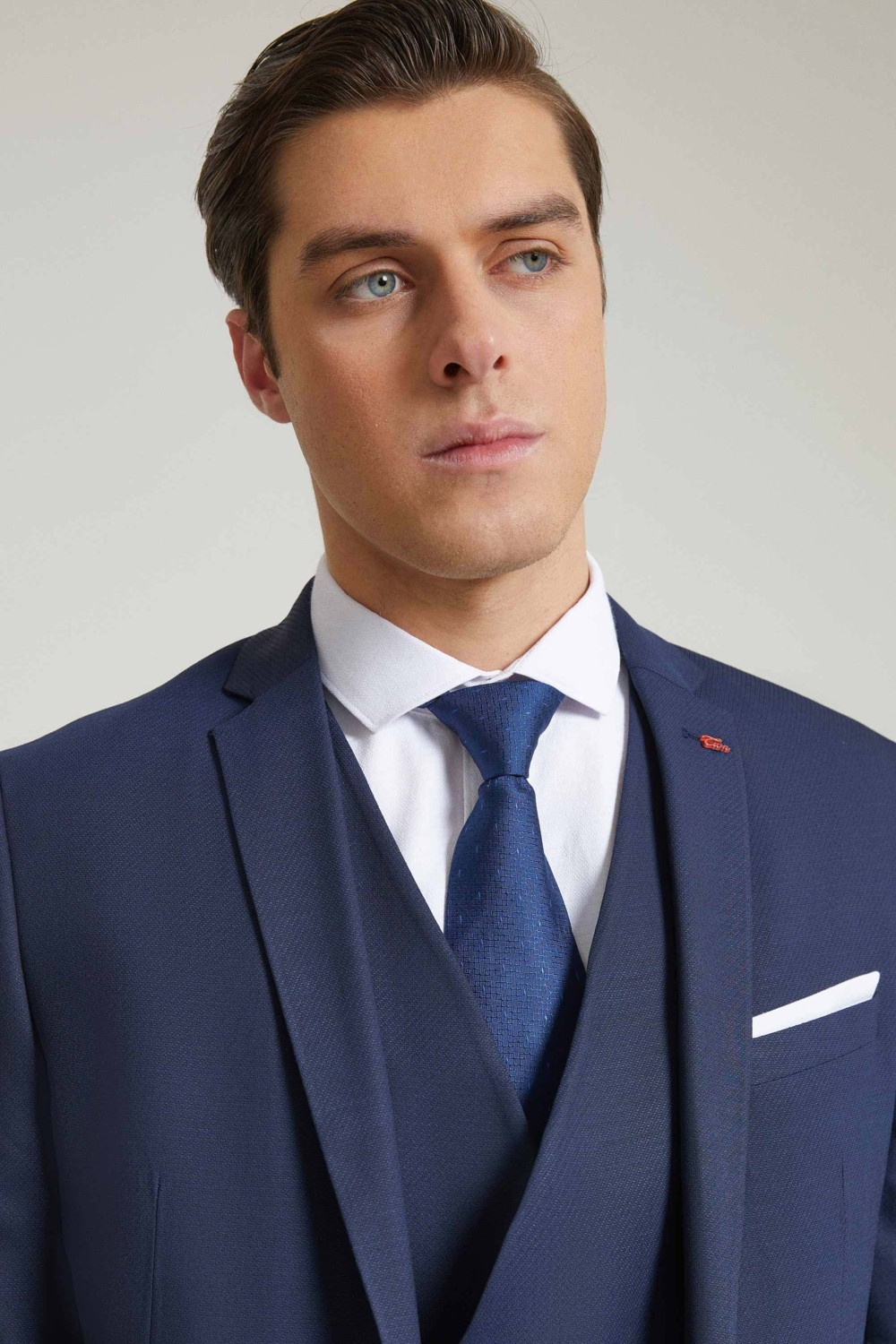 TWN Slim Fit Lacivert Armürlü Mono Yaka Viskonlu Takim Elbise Yelekli görsel 3