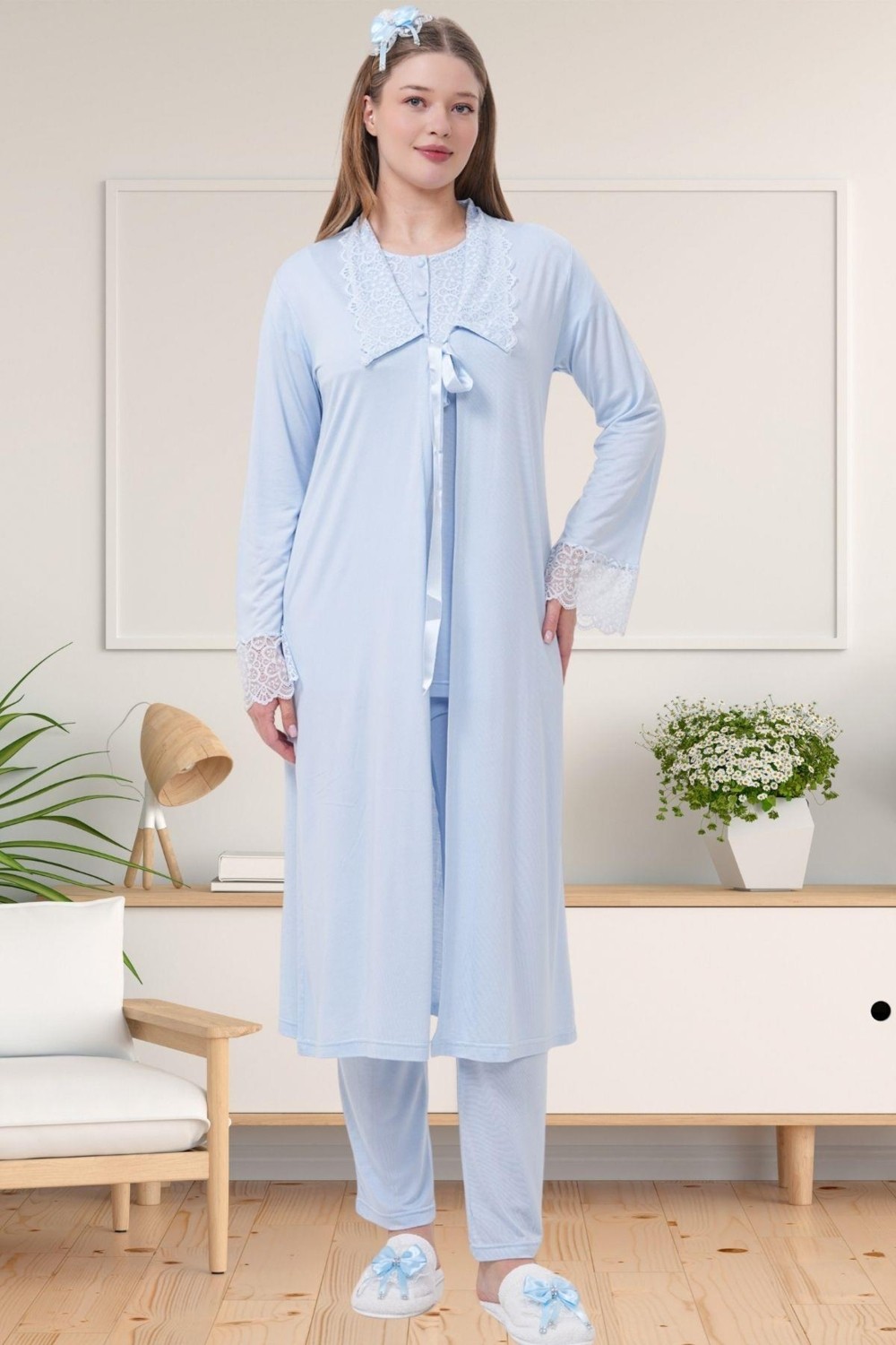 Mecit Pijama Mecit 1541 Mavi Uzun Sabahlıklı Lohusa Pijama Takımı
