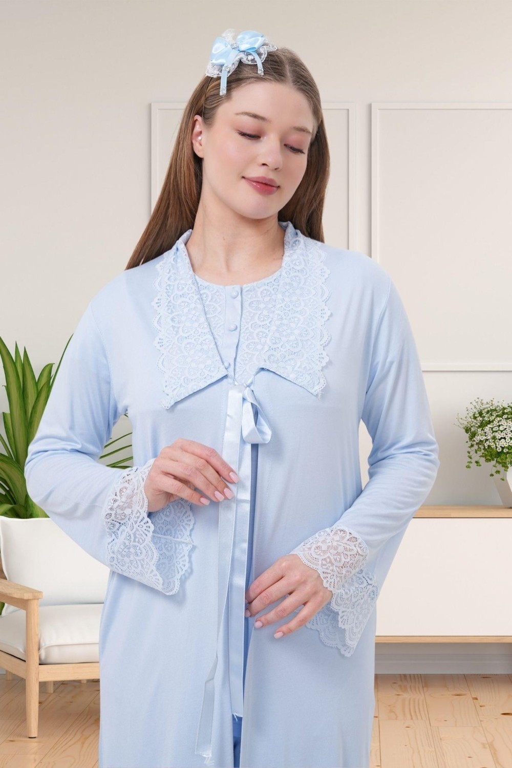Mecit Pijama Mecit 1541 Mavi Uzun Sabahlıklı Lohusa Pijama Takımı görsel 2
