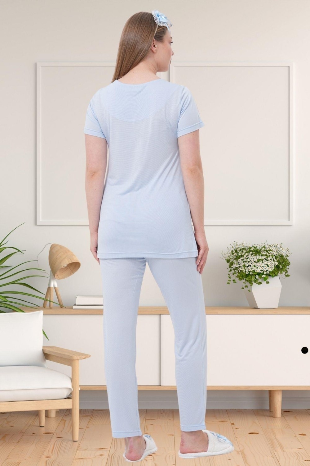 Mecit Pijama Mecit 1541 Mavi Uzun Sabahlıklı Lohusa Pijama Takımı görsel 3