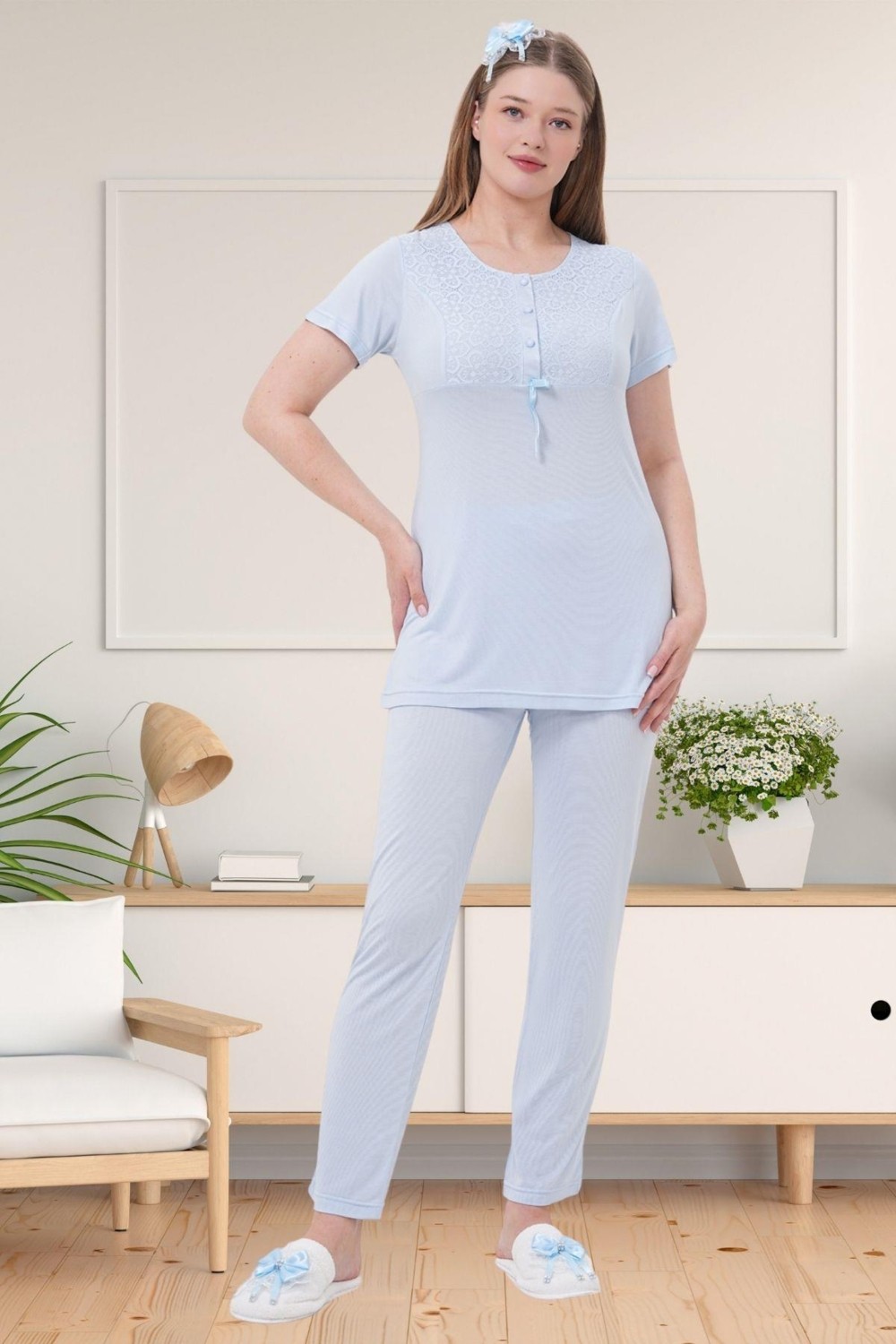 Mecit Pijama Mecit 1541 Mavi Uzun Sabahlıklı Lohusa Pijama Takımı görsel 4