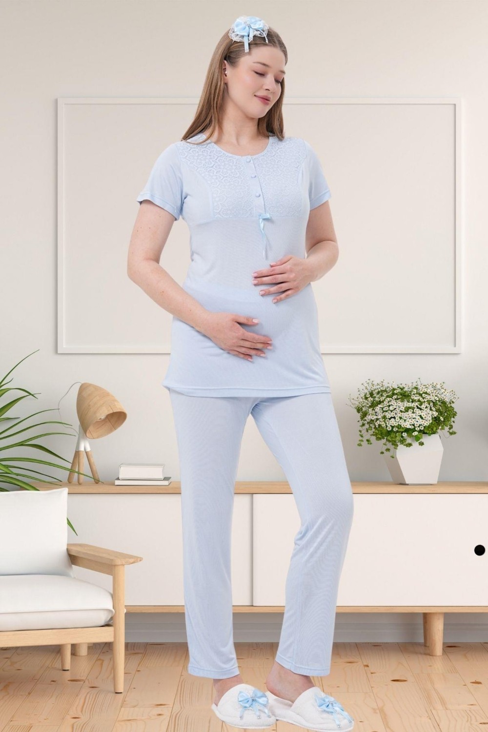 Mecit Pijama Mecit 1541 Mavi Uzun Sabahlıklı Lohusa Pijama Takımı görsel 5