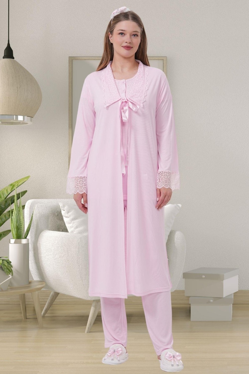 Mecit Pijama Mecit 1541 Pembe Uzun Sabahlıklı Lohusa Pijama Takımı