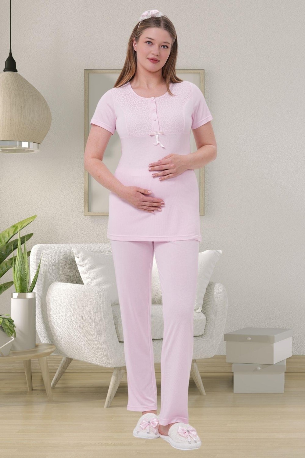 Mecit Pijama Mecit 1541 Pembe Uzun Sabahlıklı Lohusa Pijama Takımı görsel 3