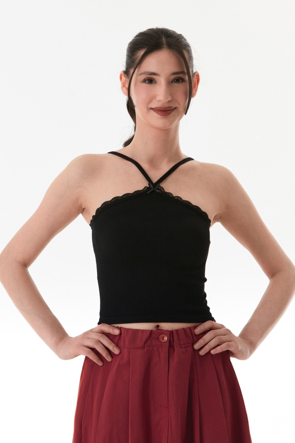 FullaModa Fitilli Çapraz Askılı Crop Body görsel 6