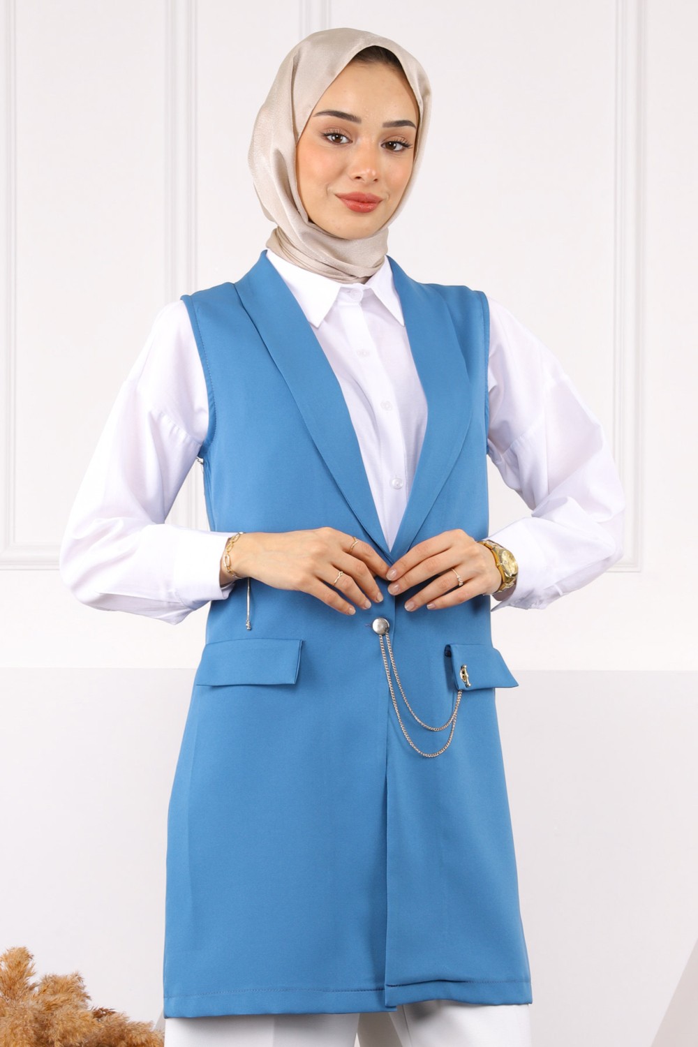İmaj Butik Yağ Yeşili Duble Zincirli Yelek