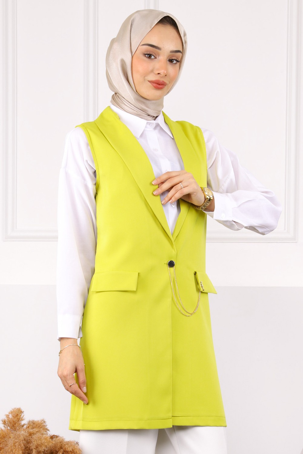İmaj Butik Yağ Yeşili Duble Zincirli Yelek görsel 8