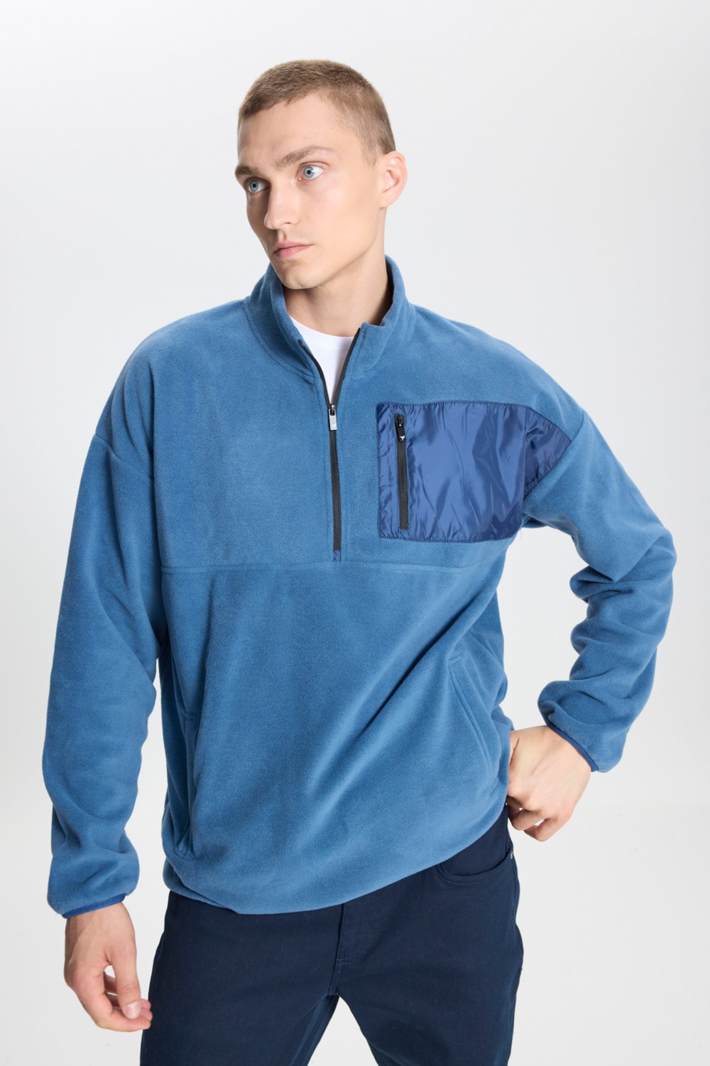 Altınyıldız Classics Erkek Gri Melanj Oversize Bol Kesim Dik Bato Yaka Cep Detaylı Fermuarlı Isı Tutan Polar Sweatshirt