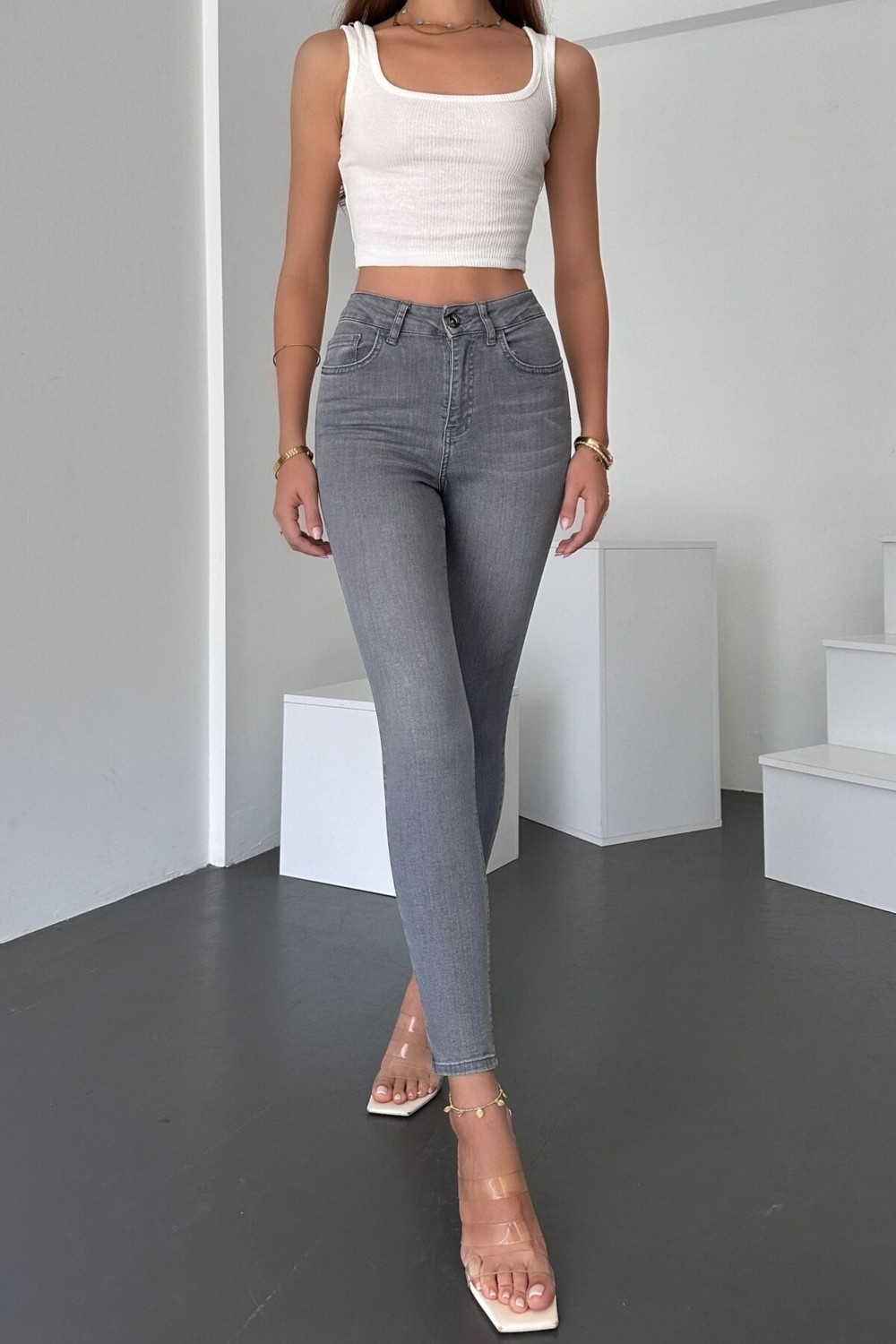 Hlt Jeans Gri Kadın Skinny Fit Jean Yüksek Bel Likralı Esnek Kot Pantolon JENNİE-GRİ