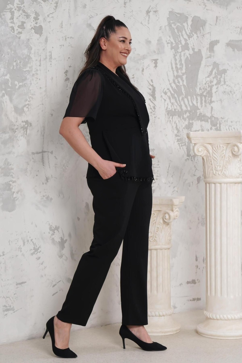 Zishan Fashion Ceket Yaka Taş Detaylı Bluz Pantolon Büyük Beden Abiye Takım 024 görsel 4