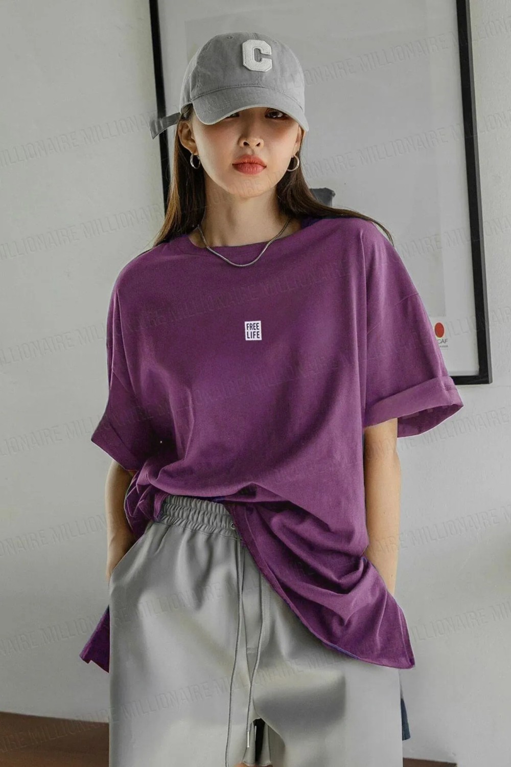 Teenage Millionaire Kadın Free Life Mor Bisiklet Yaka Oversize Salas T-Shirt