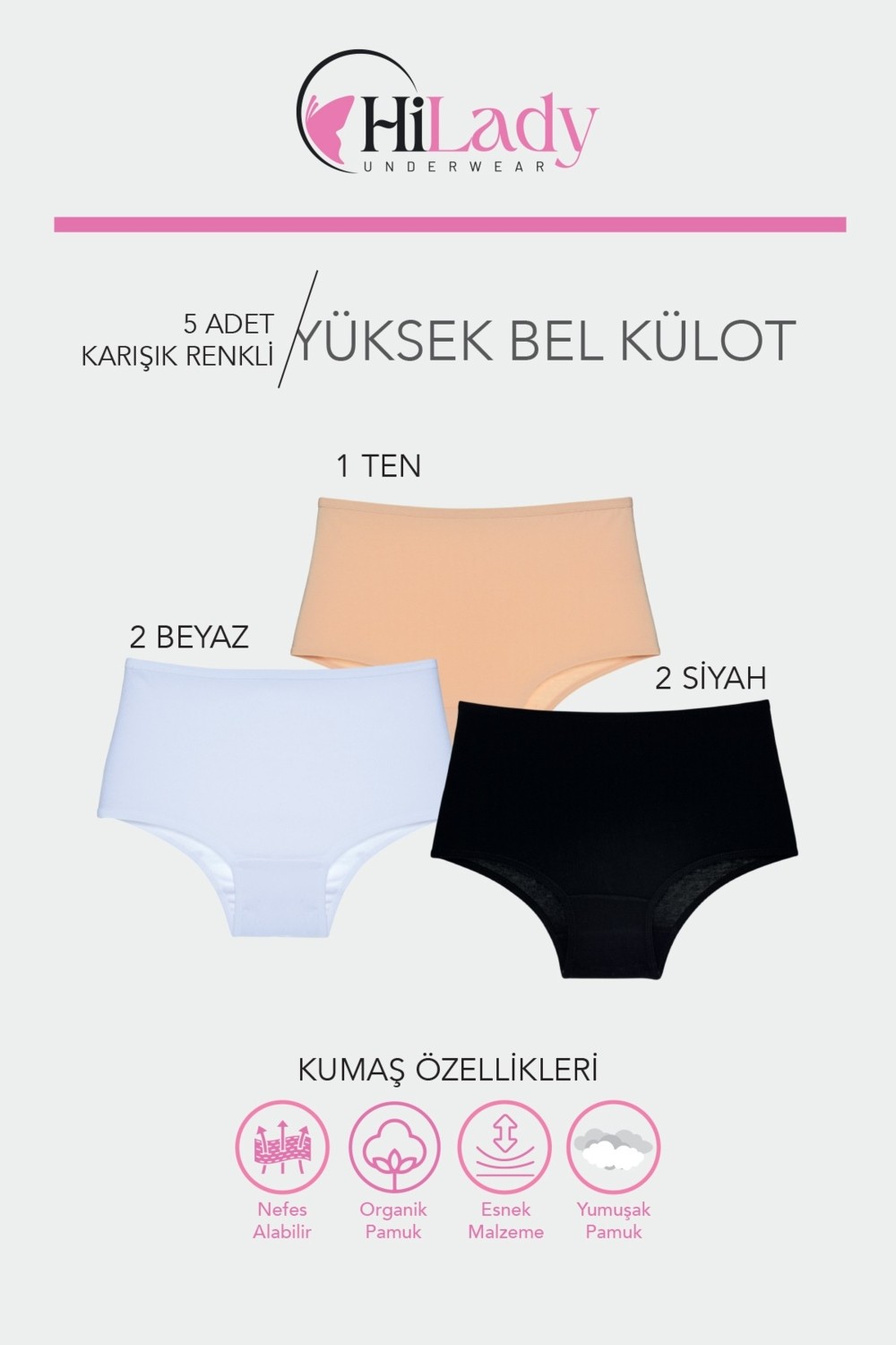 Hilady Kadın Külot Likralı Esnek Pamuklu 5'li Paket Yüksek Bel Külot Soft Renkler görsel 5