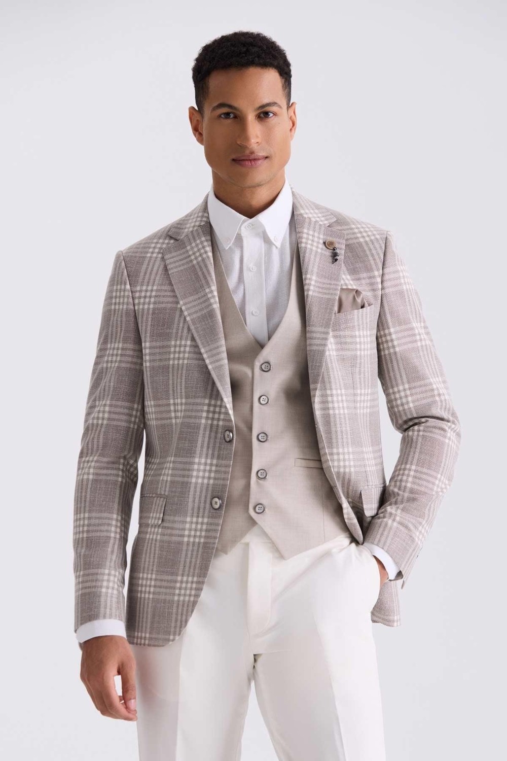 Jakamen Gri Slim Fit Mono Yaka Kareli Kombinli Yelekli Takım Elbise