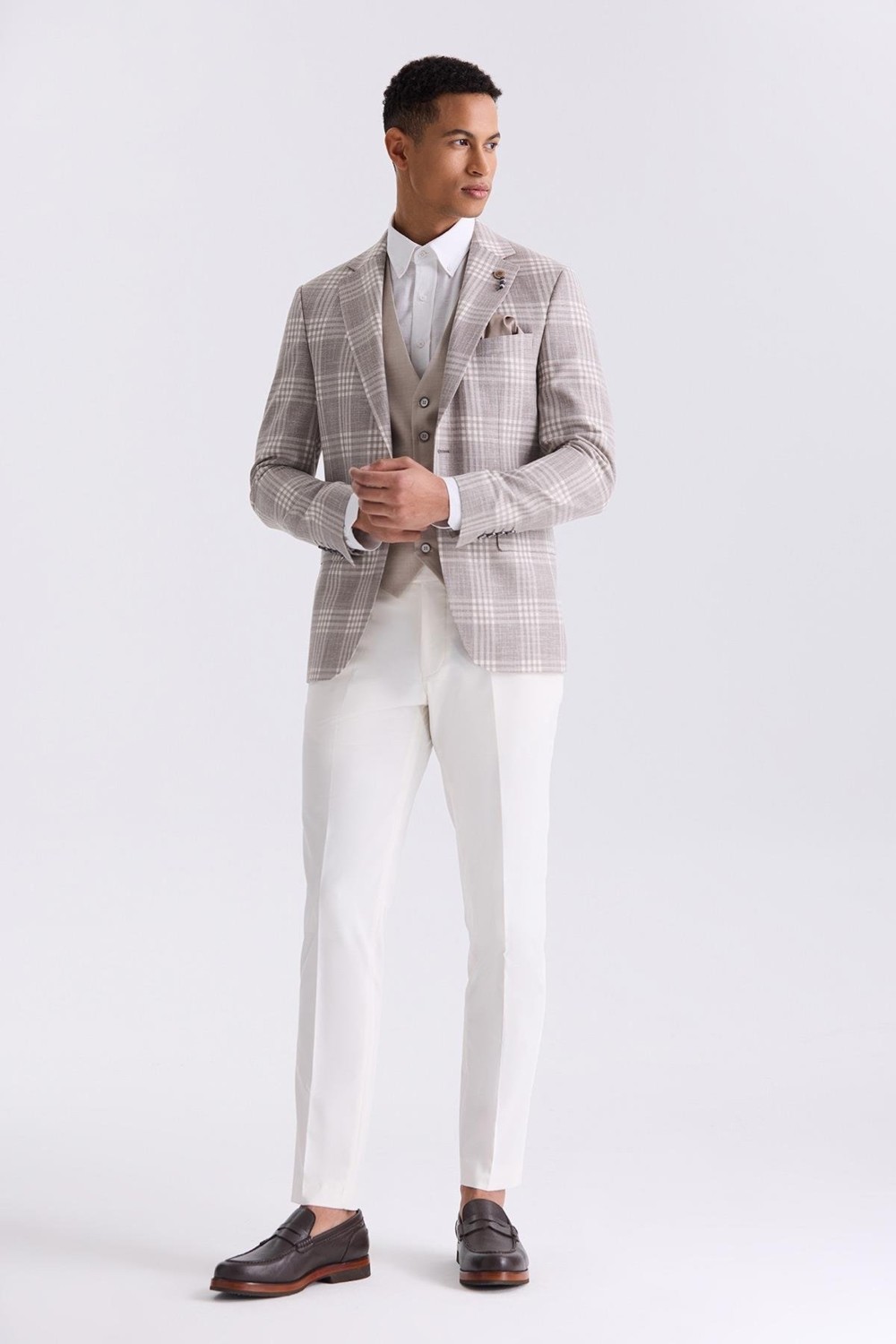 Jakamen Gri Slim Fit Mono Yaka Kareli Kombinli Yelekli Takım Elbise görsel 2