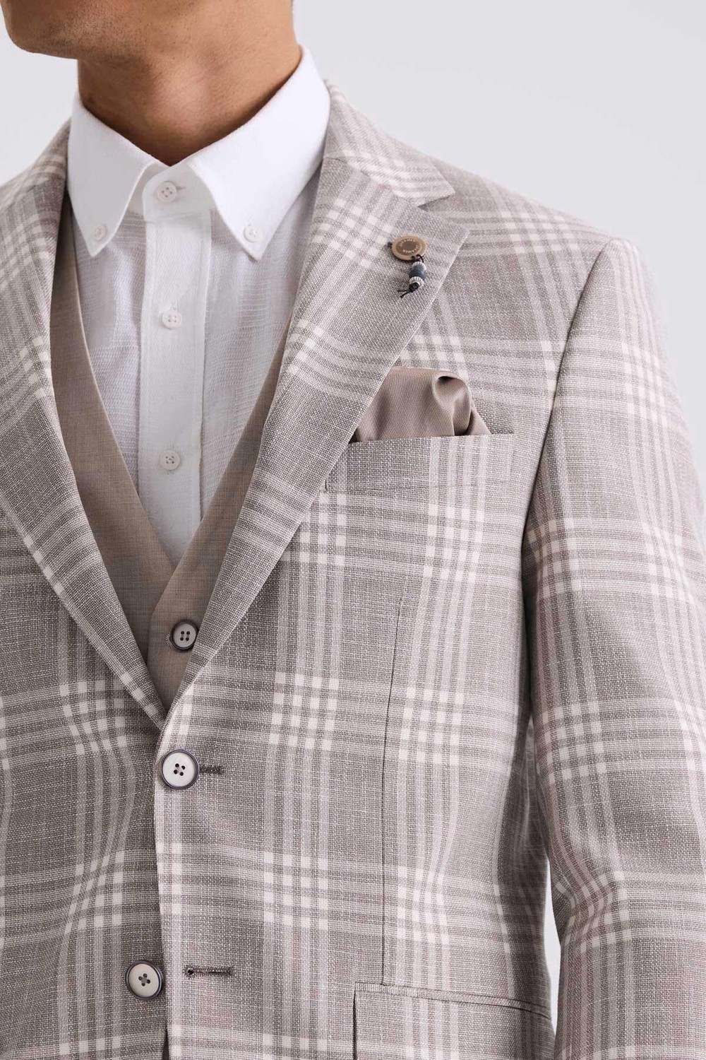 Jakamen Gri Slim Fit Mono Yaka Kareli Kombinli Yelekli Takım Elbise görsel 3