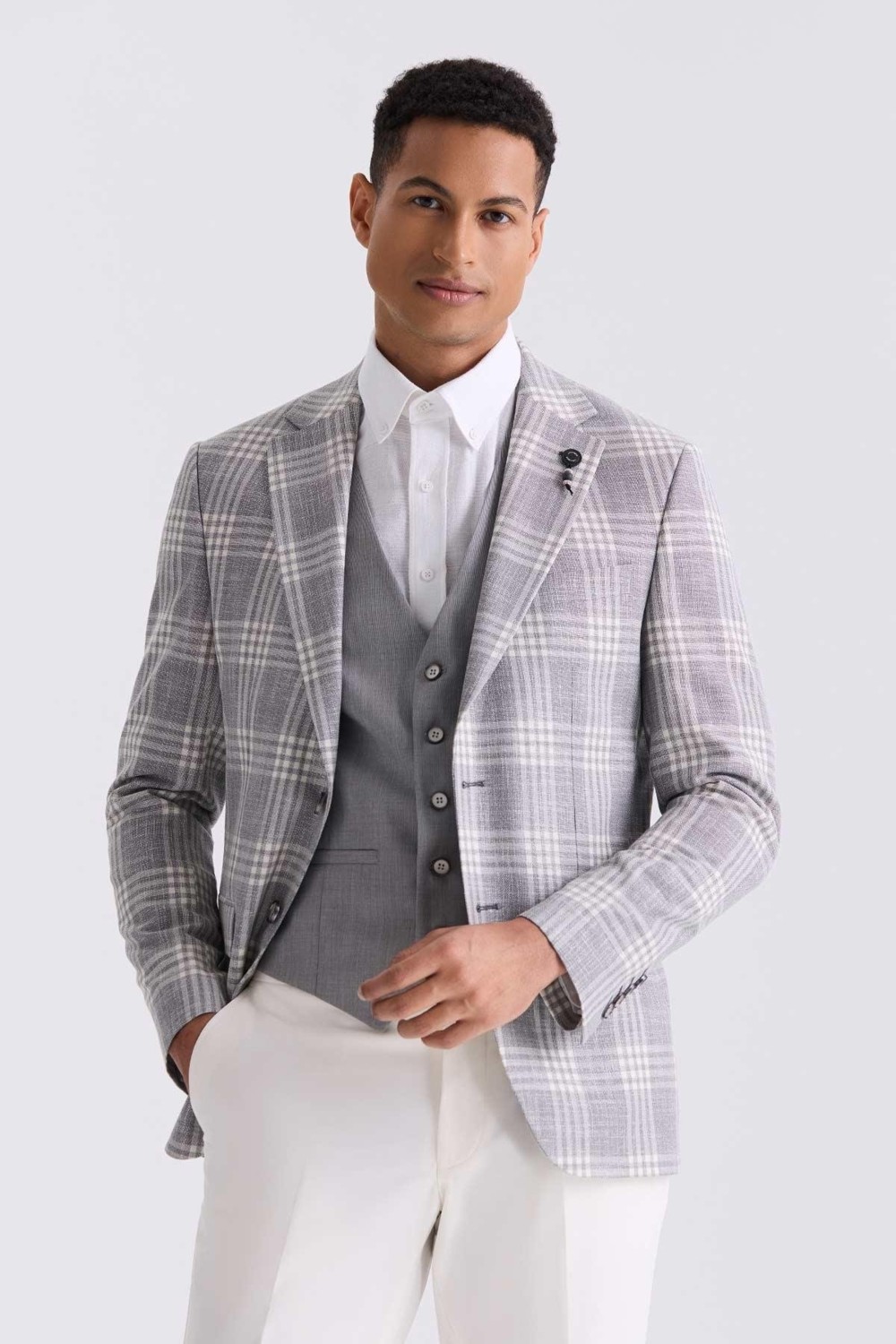 Jakamen Gri Slim Fit Mono Yaka Kareli Kombinli Yelekli Takım Elbise