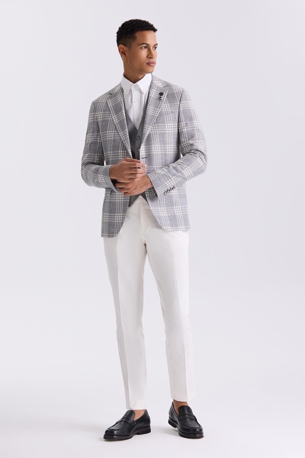 Jakamen Gri Slim Fit Mono Yaka Kareli Kombinli Yelekli Takım Elbise görsel 6