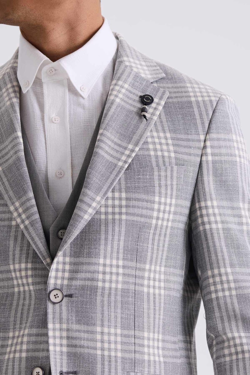 Jakamen Gri Slim Fit Mono Yaka Kareli Kombinli Yelekli Takım Elbise görsel 7