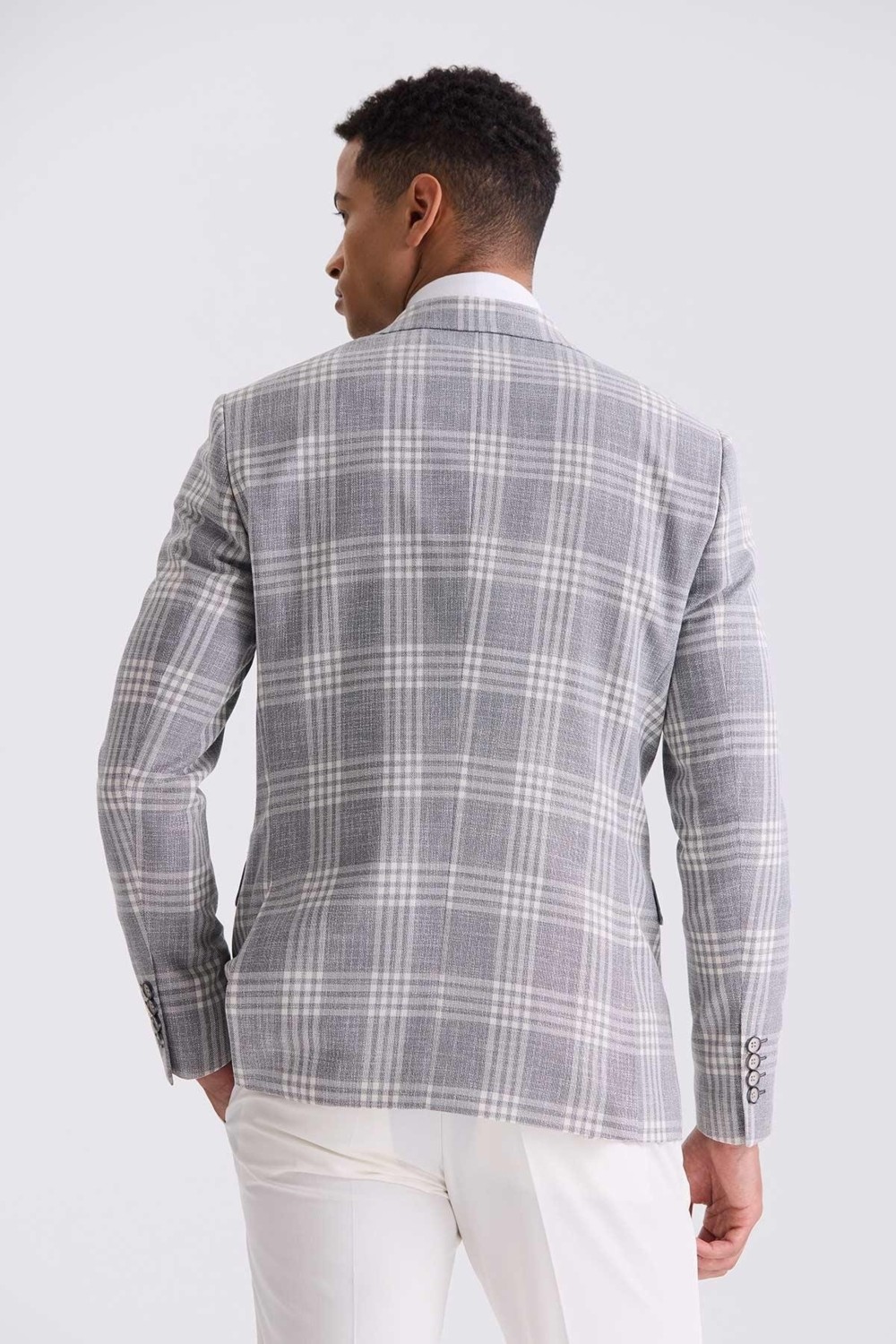 Jakamen Gri Slim Fit Mono Yaka Kareli Kombinli Yelekli Takım Elbise görsel 8