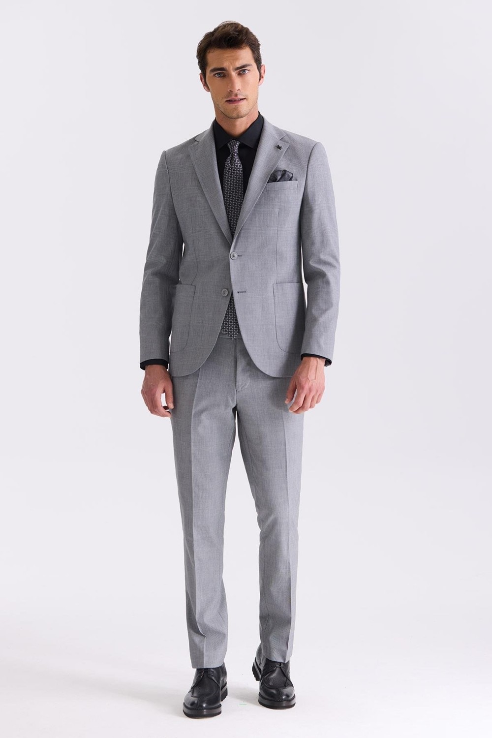 Jakamen Gri Slim Fit Mono Yaka Yünlü Takım Elbise