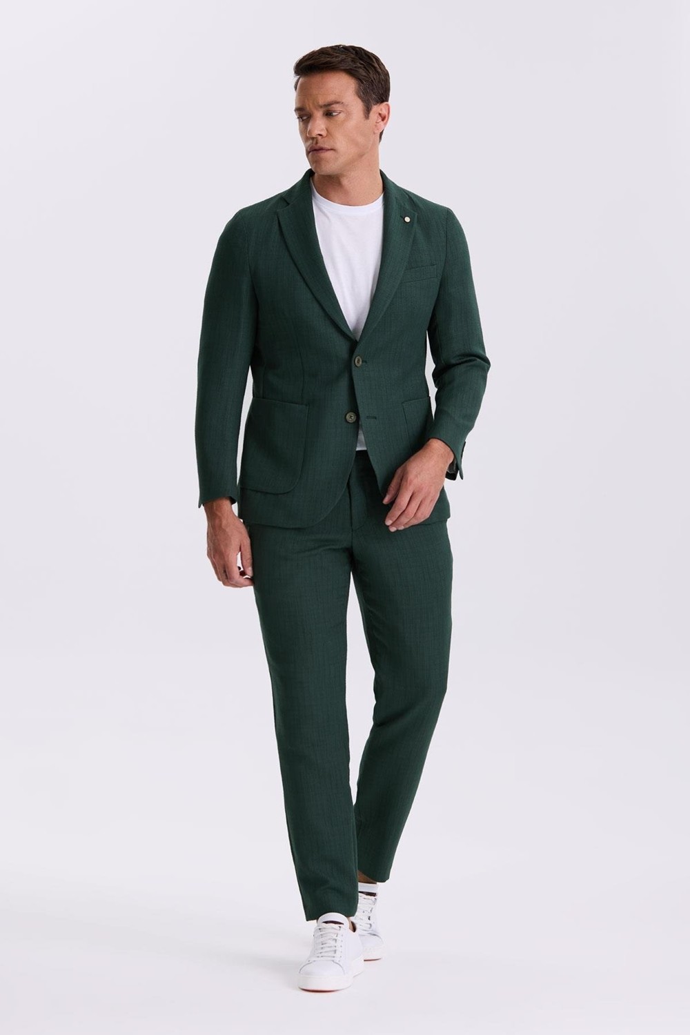 Jakamen Haki Slim Fit Mono Yaka Çift Yırtmaç Desenli Torba Cepli Takım Elbise