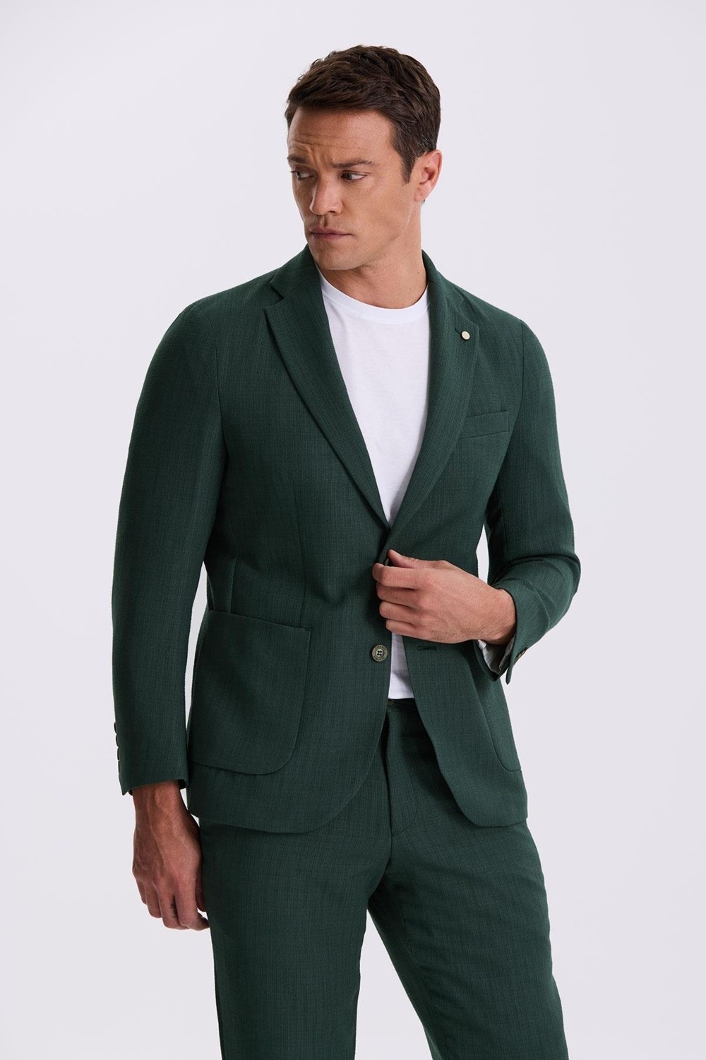 Jakamen Haki Slim Fit Mono Yaka Çift Yırtmaç Desenli Torba Cepli Takım Elbise görsel 2