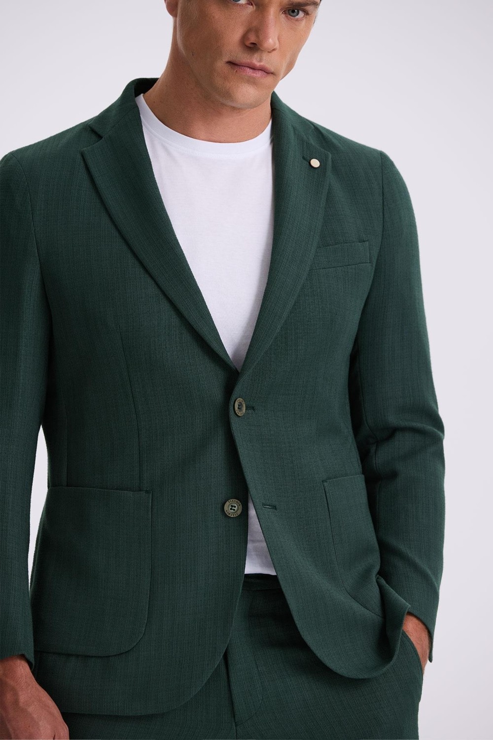 Jakamen Haki Slim Fit Mono Yaka Çift Yırtmaç Desenli Torba Cepli Takım Elbise görsel 3